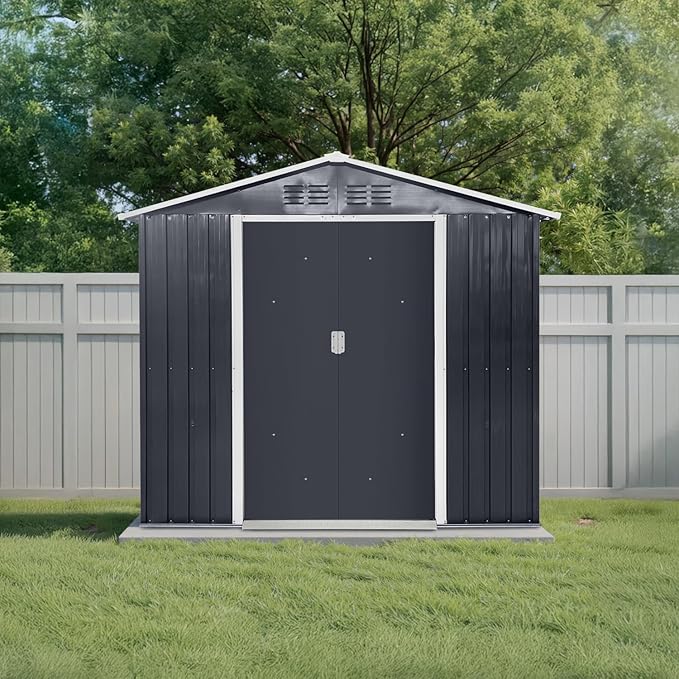 7x4.3 Ft Outdoor Storage Shed, Heavy-Duty Metal Shed with Windows & Secure Lockable Doors, Ideal Storage Shed for Outdoor, Patio, Garden, and Backyard, Black
