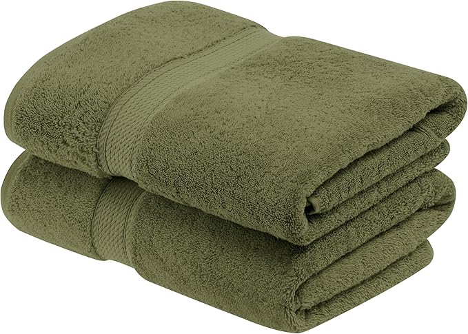 Superior Egyptian Cotton Pile Bath Towel Set of 2, Ultra Soft Luxury Towels, Thick Plush Essentials, Absorbent Heavyweight, Guest Bath, Hotel, Spa, Home Bathroom, Shower Basics, Forest Green