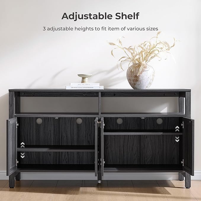 SICOTAS Rattan TV Stand for Television up to 65 Inch - 29.5" Tall Entertainment Center with Storage and Open Shelves,Boho Credenza TV Console Cabinet with 4-Doors and Adjustable Shelf for Living Room