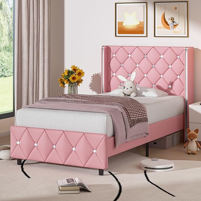 Twin Bed Frame with Headboard, Faux Leather Upholstered Bed with Diamond Tufted Design, Girls' Twin Bed Frames for Kids, No Box Spring Required, Easy Assembly, Pink