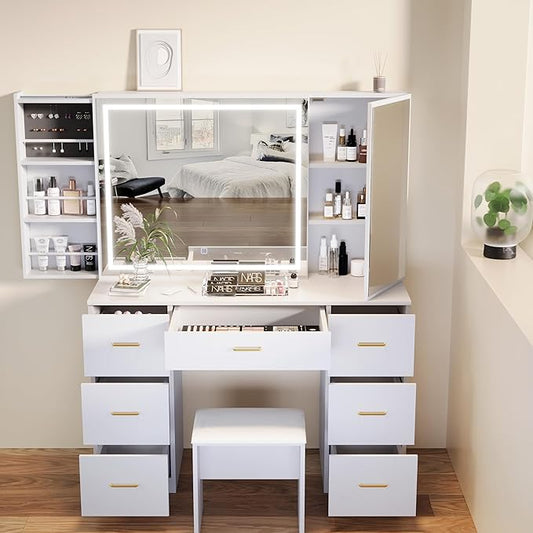 Makeup Vanity with Sliding Storage Wall-Mounted Jewelry,Mirror Cabinet,White Vanity Desk with Extra Large Mirror and Lights,7 Drawers Dressing Table with Vanity Stool&Storage Bench,for Bedroom