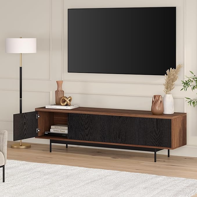 Henn&Hart Rectangular TV Stand for TV's up to 75" in Medium Walnut/Natural Black, for Home, Living Room, Bedroom, Entertainment Room, Office
