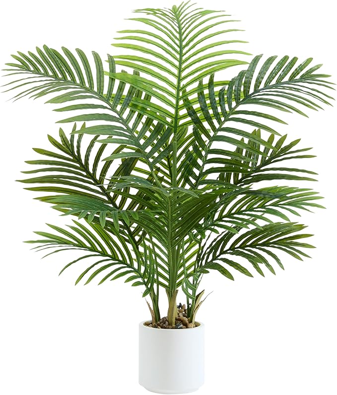 Artificial Palm Tree 3.5FT Tall Fake Tree with White Taper Planter & Pebbles, UV Resistant for Indoor & Outdoor Decor - Large Potted Faux Plant for Living Room, Office, Home Decor