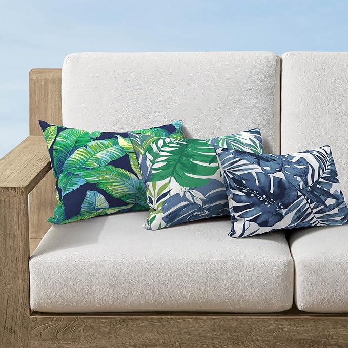 Pack of 2 Outdoor Lumbar Pillow Covers, All Weather Cushion Pillow Cases 12x20 Inch, Pillowcase for Patio Couch Decoration, Palm Blue