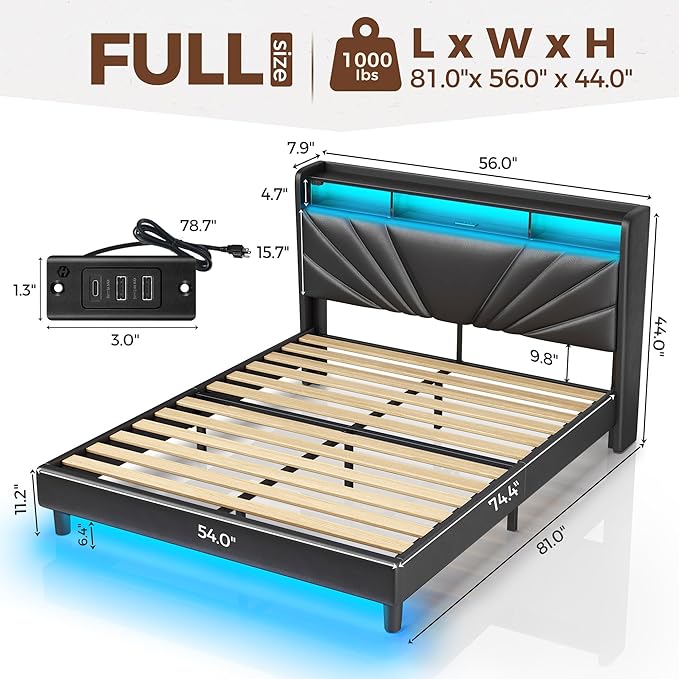 Rolanstar Full Size Bed Frame, Storage Headboard with Charging Station and LED Lights, Upholstered Bed with Heavy Duty Wood Slats, No Box Spring Needed, Noise Free, Easy Assembly, Black