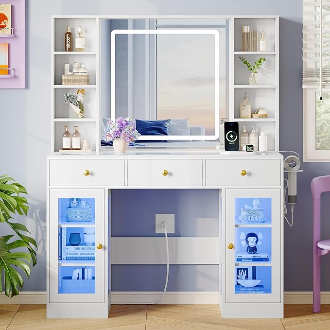Makeup Vanity Desk with HD Lighted Mirror & Power Outlet, Glass Top Vanity Table Set with Storage Drawers & RGB Cabinets, Large Dressing Table with 3 Lighting Modes for Bedroom Women Girls Kids, White