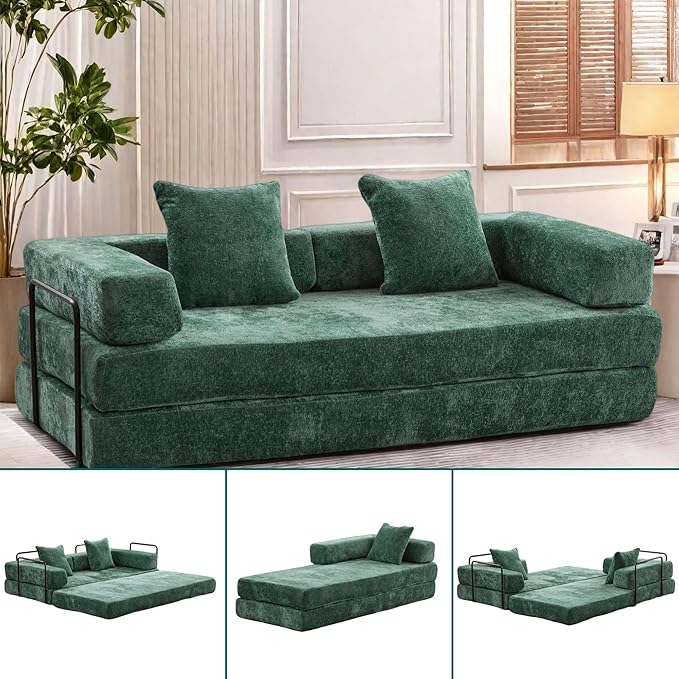 Convertible Sofa Bed, Compression Futon Sofa with Pillows & Armrest, Foldable Mattress Couch with Fixed-Shape Frame, Comfy Couch Lounge Sleeper Bed for Living Room Bedroom, Dark Green