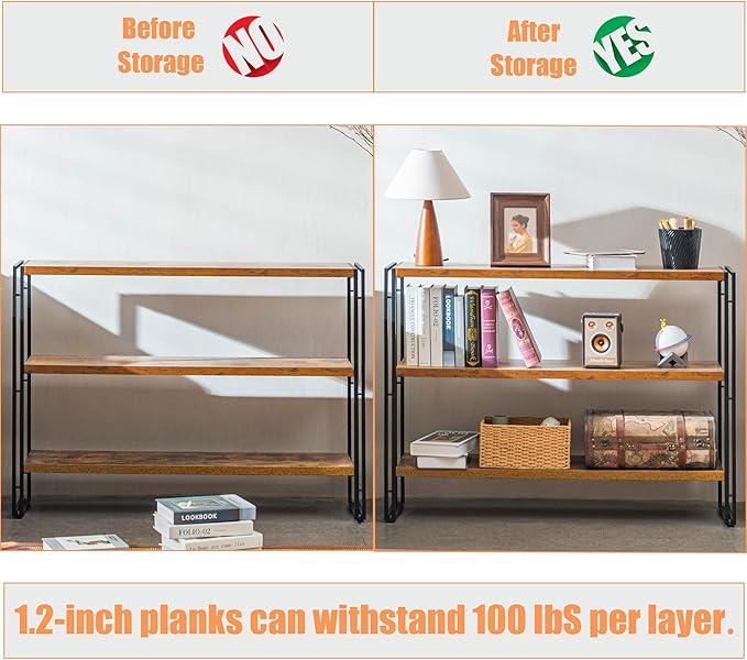 Bookshelf, 3 Tier Long Bookcase, Industrial Book Shelf for Living Room, Home Office, Kitchen, Rustic Brown