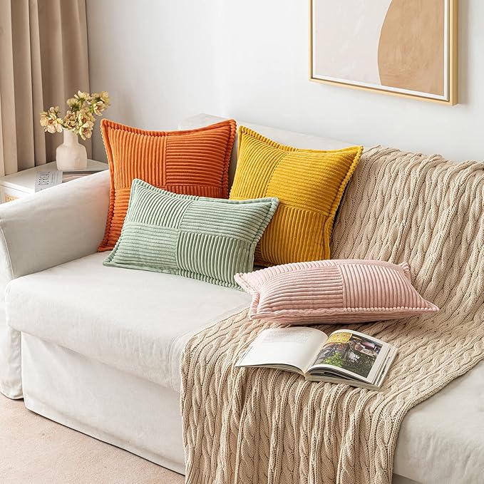 MIULEE Decorative Throw Pillow Covers for Couch Bed Livingroom 20x20 Inch Set of 2 Fall Mustard Yellow Boho Accent Throw Pllows Broadside Striped Patchwork Soft Corduroy Pillowcases