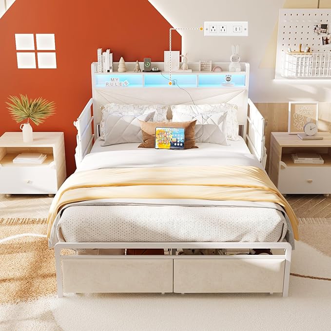 Maupvit Full Bed Frame with Storage Headboard and Drawer,Upholstered Platform Bed Frame with LED Lights & Charging Station,Full Size Bed with Guardrail,No Box Spring Needed,Beige