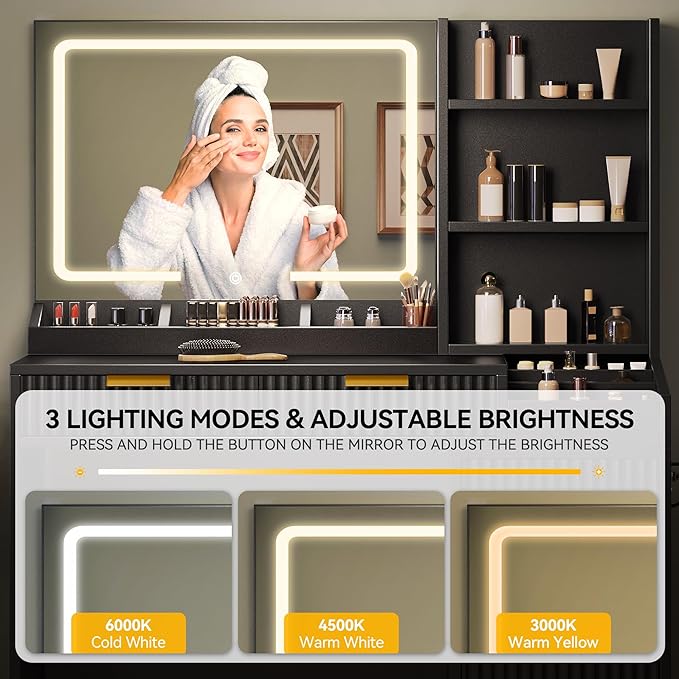 DWVO Fluted Makeup Vanity Desk with Large 27" Mirror and Lights, Modern Big Makeup Table with Power Outlet, 11 Shelves & 2 Drawers, 3 Color Lighting Modes, Dressing Table Vanity Set for Bedroom, Black