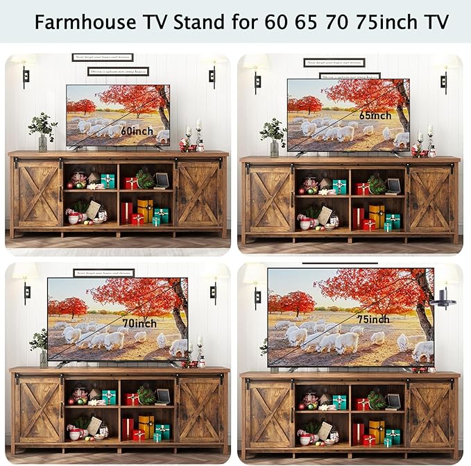 70" Farmhouse TV Stands for 70 75 80inch TV w/Adjustable Shelves,Sliding Barn Door.Wooden Entertainment Center,TV Console Cabinet with Storage for Bedroom Living Room(Brown 70in)