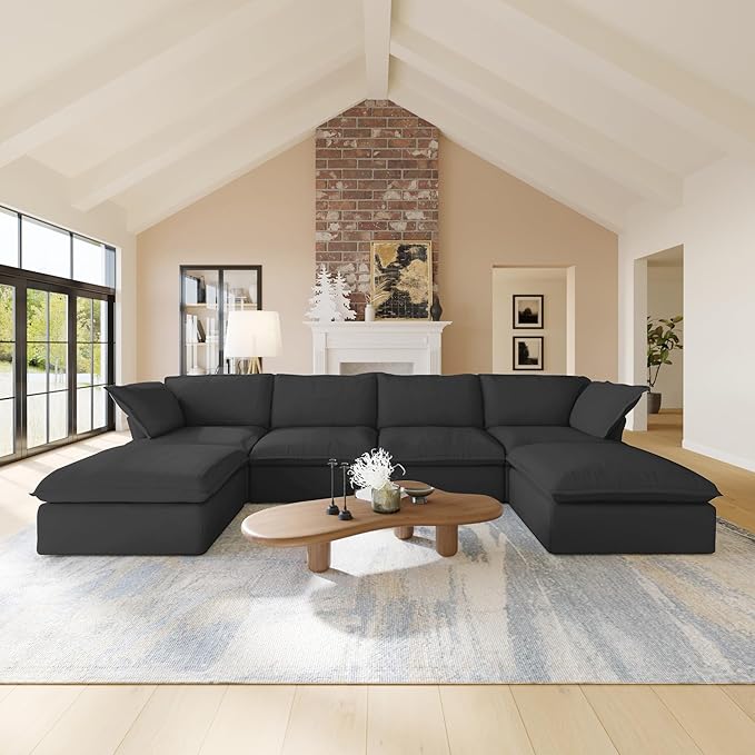 JACH U Shape Sectional Couches for Living Room, 6-Seat Modern Comfy Couch, Convertible Sectional Sofa, Sectional Sofas with Chaise Ottomans for Living Room Bedroom Office Apartment (Black)