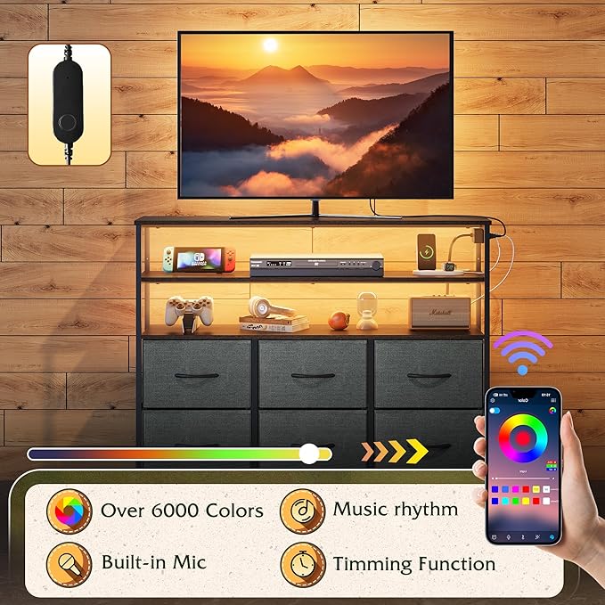 WLIVE Grey TV Stand for 40, 45 inch TV, Entertainment Center with LED Lights & Charging Station, TV Media Console Table with 6 Fabric Drawers and Open Shelves for Living Room, Hallway, Dark Grey