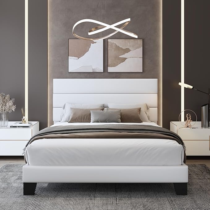 WEEWAY Full Size Bed Frame Platform Bed with Velvet Upholstered Headboard and Wooden Slats Support, Heavy Duty Mattress Foundation, No Box Spring Needed, Easy Assembly, White