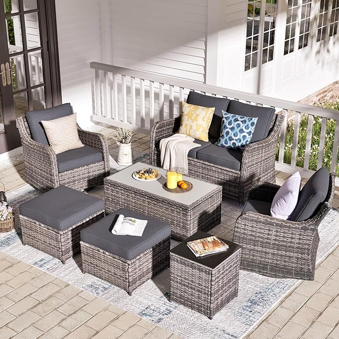 Outdoor Patio Furniture Set with Swivel Chairs, 7 Pieces Wicker Rattan Sofa Couch with Loveseat, Patio Conversation Set with Rocker Patio Chair, 2 Ottomans and Coffee Table (Grey)