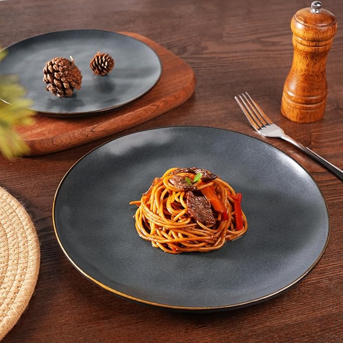 Famiware Dinnerware Sets for 4, Ocean Round 12-Piece Kitchen Plates and Bowls Sets, Microwave and Dishwasher Safe, Scratch Resistant, Matte Black