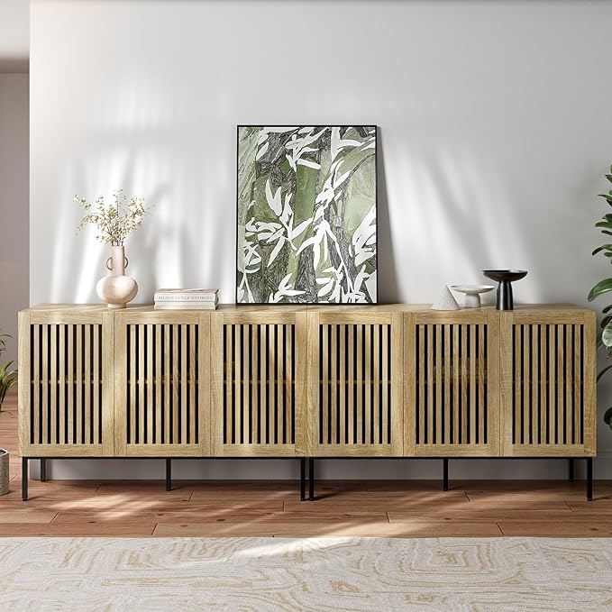 Farmhouse TV Stand for TVs up to 100 inch, 2 in 1 Entertainment Center TV Console with Storage Cabinets and Metal Base,Media Console for Living Room,Oak