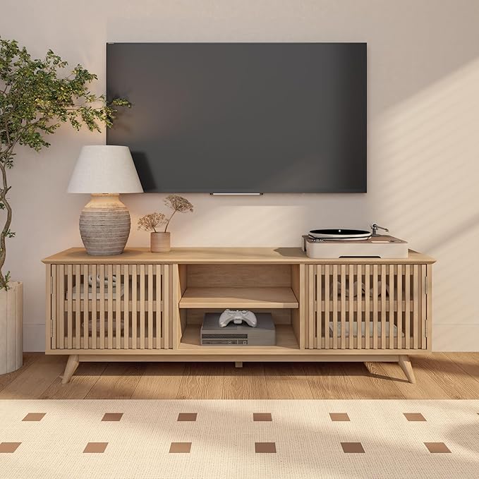 Plank+Beam Mid-Century Modern Wood TV Stand, Solid Wood Entertainment Console with Storage, 59" L x 16" W x 19" H, Blonde
