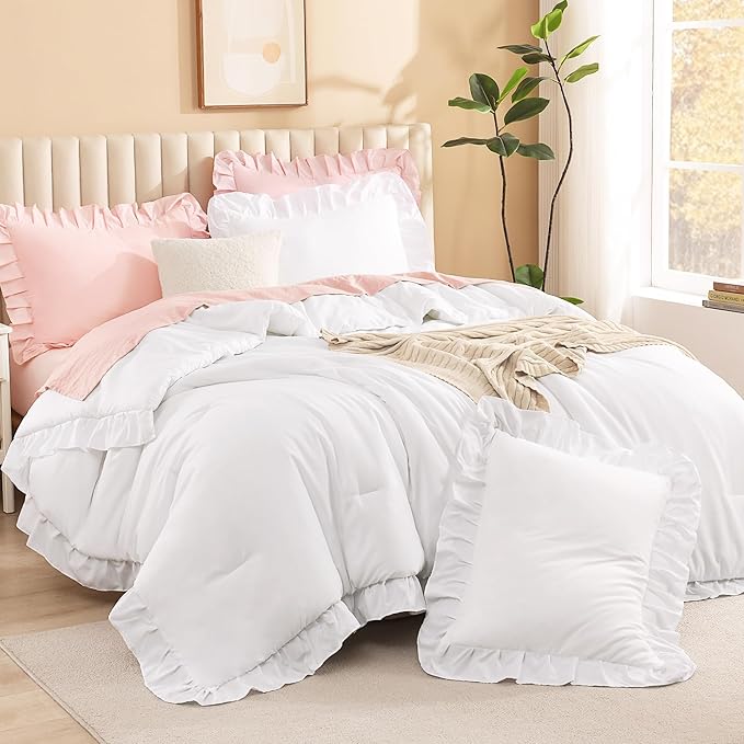 Litanika Oversized King Comforter Set White, 3 Pieces Boho Vintage Solid Ruffle White Comforter Bedding Set, Shabby Chic All Season Soft Lightweight Bed Set (120x98In Comforter & 2 Pillowcases)