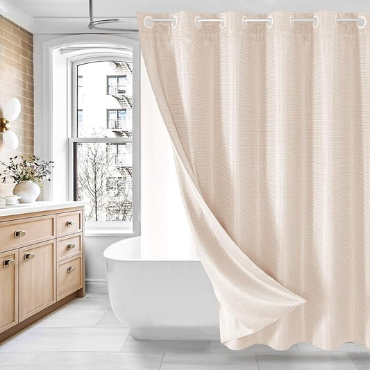 MitoVilla Pink Long Shower Curtain 72 x 80, No Hooks Needed 80 inch Long Heavyweight Waffle Fabric Shower Curtain Set with Snap-in Liner for Hotel Grade Spa-Like Bathroom Decor, Blush Pink