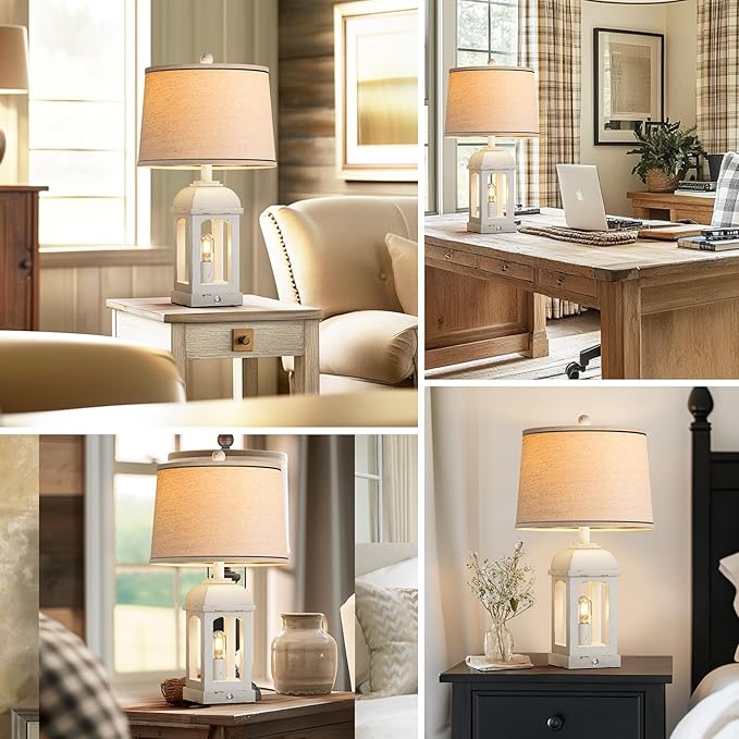 QiMH Table Lamp for Living Room, Farmhouse Lamps with USB A+C and Nightlight, 26" Rustic Bedside Lamps with 3-Way Dimmable Touch Control, Nightstand Lamp for Bedroom, Shabby White, 1 Pack