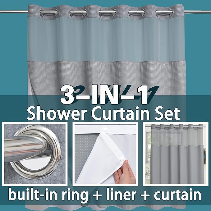 Conbo Mio Extra Wide No Hook Waffle Weave Shower Curtain with Snap in Liner Set, 108" x 74" Hotel Luxury Grey Shower Curtains for Bathroom with See Through Top Window, Waterproof, Washable 108W x 74H