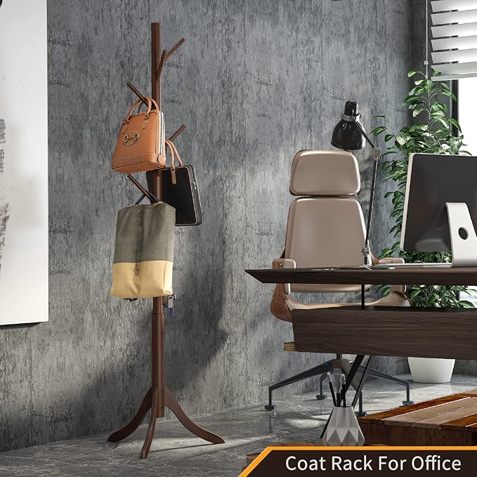 Coat Rack Freestanding, Coat Stands Entryway, Bamboo Coat Rack Hat Hanger 8 Hook for Jacket, Purse, Scarf Rack, Umbrella Tree Stand (Brown)