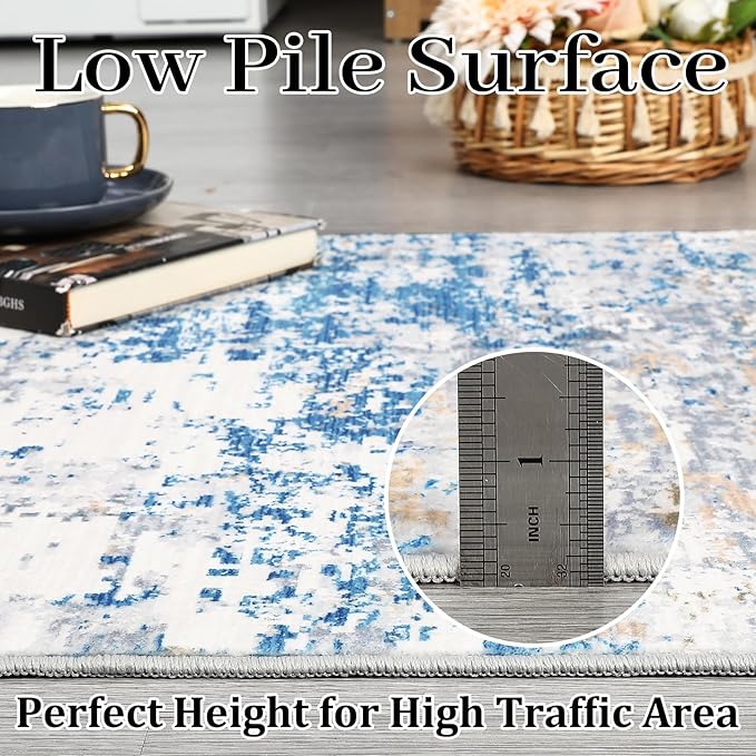 4x6 Modern Abstract Rugs for Living Room Stain Resistant Carpet Ultra Soft Indoor Floor Cover Accent Rug Low Pile Thin Rug for Bedroom Dining Room, Blue/Grey