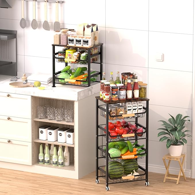5-Tier Fruit Basket,Desktop Storage Organizer,Pull-Out Kitchen Storage Rack,Multi-Functional Storage Trolley for Office, Living Room, Kitchen, Movable Storage Organizer with Wheels,Black