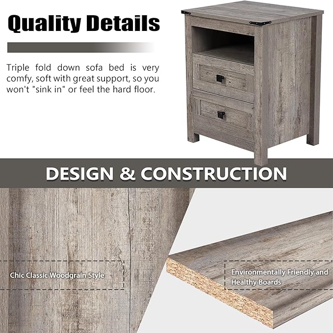 Nightstand with 2 Drawers, Wooden Night Stands, Grey Bedside Table Side Table for Bedroom Storage Cabinet End Table for Bedroom, Rustic Grey, Nightstand
