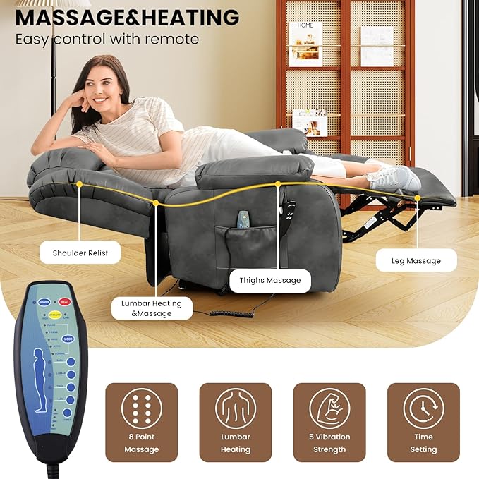 TEKAMON Power Lift Recliner Chair for Elderly with Heat & Massage, Dual Motor Genuine Leather Recliner, Lay Flat Sleeping Chairs with Infinite Position, RemoteControl(Silver Grey, Extended)