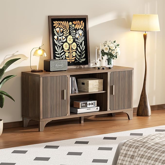 Tall Mid Century Modern TV Stands for 55/60/65 Inch TV Boho Media Console for Living Room Fluted TV Entertainment Center with Storage Wood Television Cabinet for Bedroom