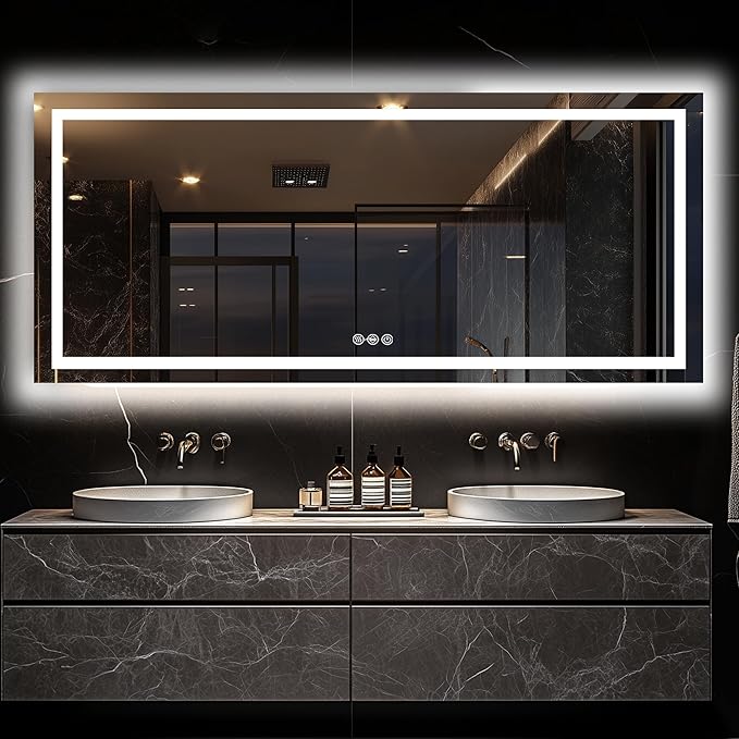 Antok 72"x 32" LED Bathroom Mirror with Lights, Anti-Fog, Dimmable, Lighted Vanity Mirror with Tempered Glass, Memory Function, 3 Light Modes, Safe Use, Horizontal, Vertical
