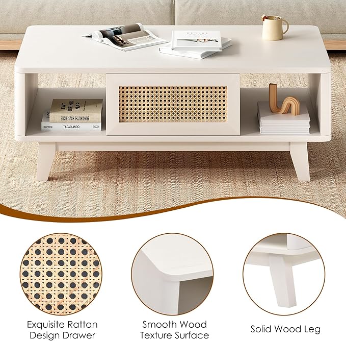 Soohow Coffee Table, Mid Century Living Room Tables with Storage, Modern Square with Rattan Drawer, Wooden Living Room Table with Solid Wood Leg