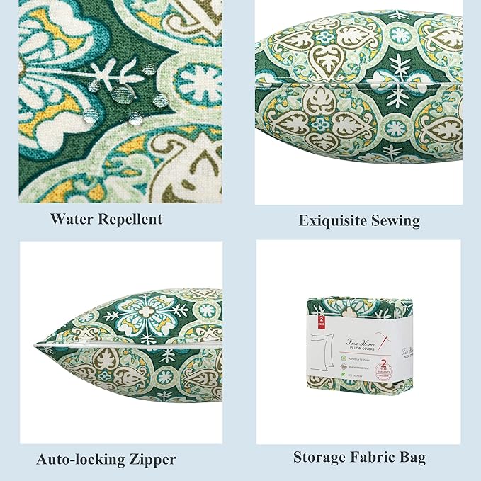 FUNHOME Outdoor Pillow Covers ONLY, No Insert! Pack of 2 Square Throw Pillow Covers, Decorative Water-Repellent Modern Cushion Cases for Sofa Patio Couch Decoration 18 x 18 Inch-Green Medal