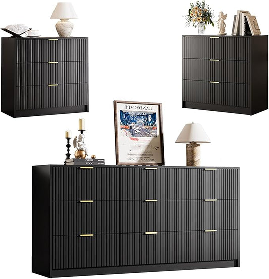 3-Piece Dresser Bedroom Set, 9 Drawer Dresser & 3 Drawer Nightstands with Gold Handles, Fluted Wood Chest of Drawers for Bedroom, Living Room, Entryway, Black