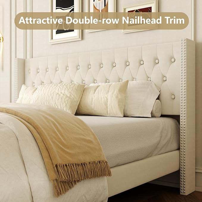 King Size Bed Frame, Upholstered Platform Bed with Wingback Headboard, Velvet Button Tufted, Easy Assembly, No Box Spring Needed, Beige