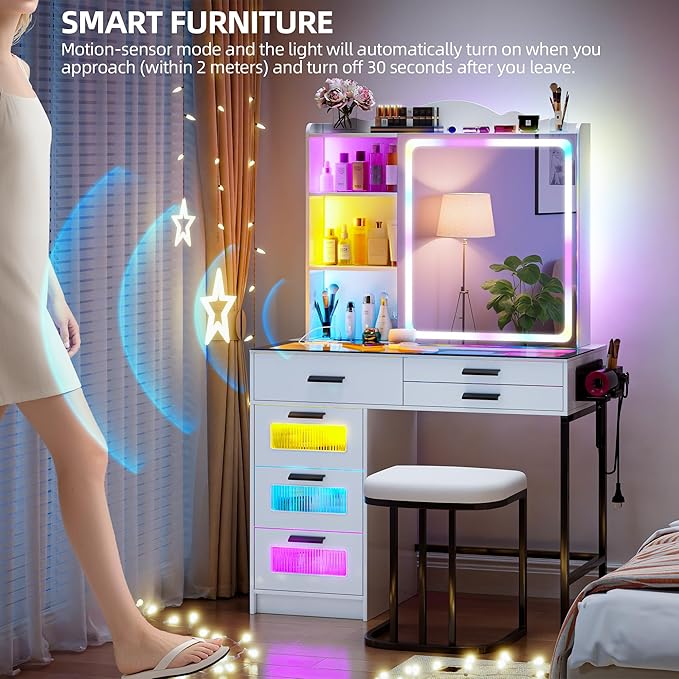 LED Vanity Desk with Sliding Mirror, Smart Makeup Table with 6 Drawers 6 Shelves Glass top, Dressing Table with Charging Station 24 Color Lighting Modes, Cushioned Stool, USB for Bedroom White