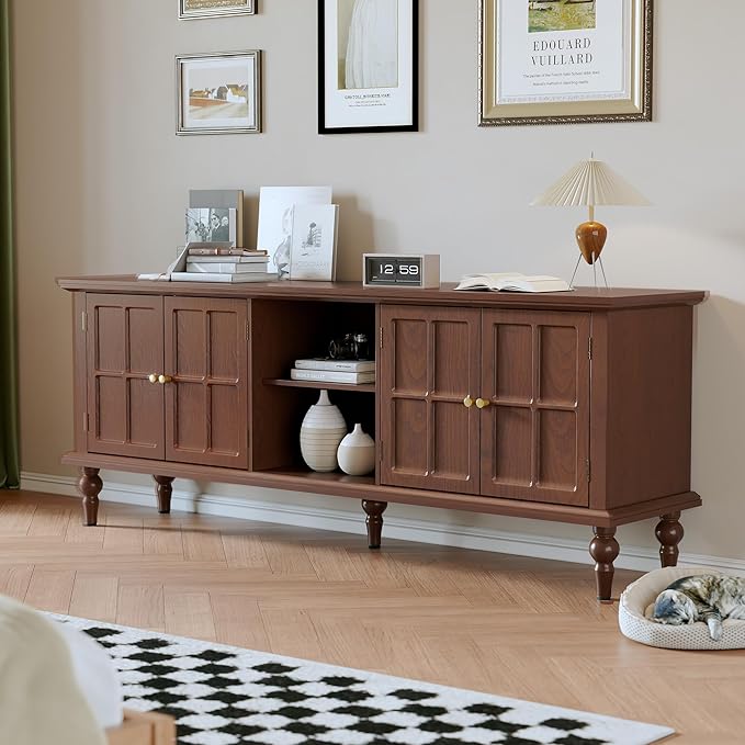 3More 67" Mid Century Modern TV Stand with Window Design,Wood Entertainment Center with Open Shelf,Up to 70" Media TV for Living Room or Bedroom,Walnut