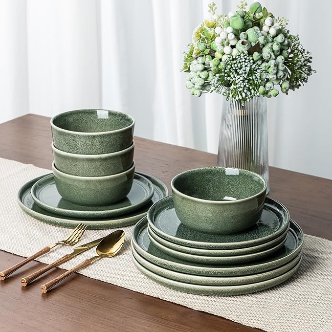 AmorArc Stoneware Dinnerware Sets for 4,Round Reactive Glaze Ceramic Plates and Bowls Set,Highly Scratch Resistant | Dishwasher & Microwave Safe Dishes Set,Service for 4 (12pc)