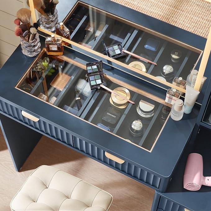 LEYAOYAO Vanity Desk with Mirror and Lights, 43.5'' Fluted Makeup Vanity with 6 Drawers and Adjustable Shelves, Glass Top Make Up Vanity, Girls Wood Dressing Table with Power Outlet for Bedroom