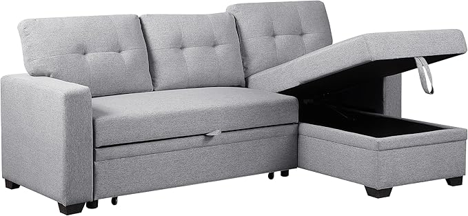 82 Inch Convertible Sleeper Sectional Sofa with Storage Chaise and Pull-Out Bed, Linen Upholstered Reversible Corner Couch, Modular L Shaped Couches for Living Room, Home Furniture, Light Gray