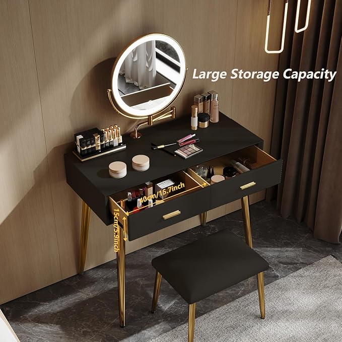 IKuinen Makeup Vanity Desk with Mirror and Lights, Small Vanity Table with 2 Drawers, Stool,Vanity Set for Bedroom with Microfiber Leather, 3 Lighting Modes - 31.5In Black