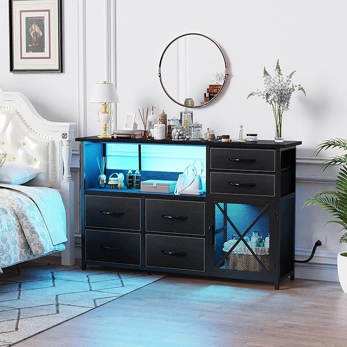Dresser for Bedroom with LED Lights, TV Stand with Charging Station for 50 inch TV, 6 Drawers Chest with Door and Side Storage, Long Metal Dresser Table for Living Room, Black