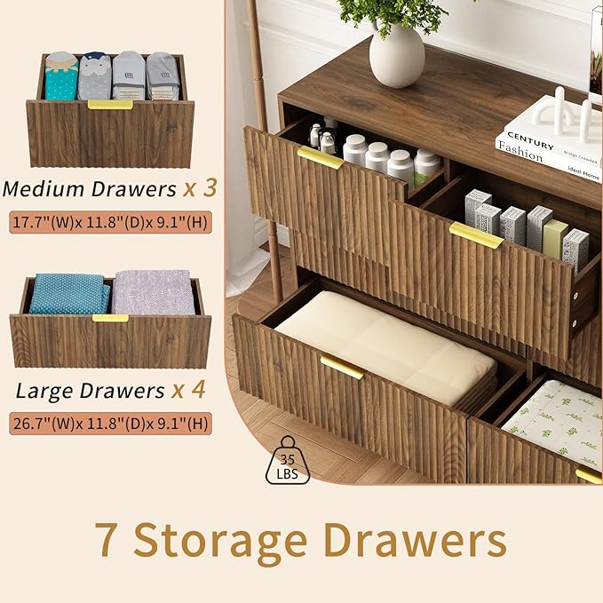 7 Drawers Dresser for Bedroom，55" Wide Fluted Dresser with Deep Drawers, Modern Chest of Drawers, Mid Century Wood TV Stand Storage Organizer for Closet, Living Room, Hallway, Natural