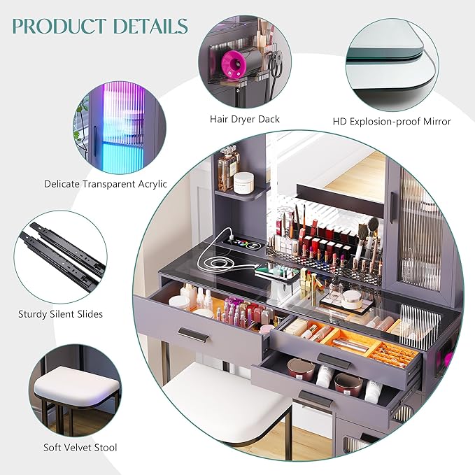 HENBC Vanity with Mirror and LED Lights, Glass Top Vanity Desk with Charging Station(Wireless+USB+Type-C), RGB Makeup Table Set with Stool/Makeup Organizer/6 Drawers for Bedroom (Grey)