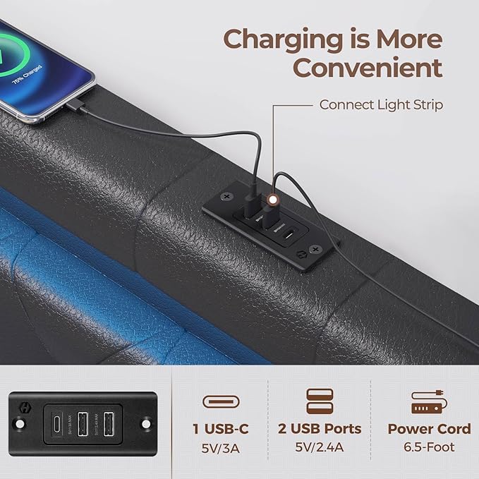 GREENSTELL Headboard for Queen Size Bed with 60,000 DIY color of LED Light, USB & Type C Post, Attach Frame, Height Adjustable, Black Wall Mounted Head Boards Only, Sturdy & Stable, Comfortable, Queen