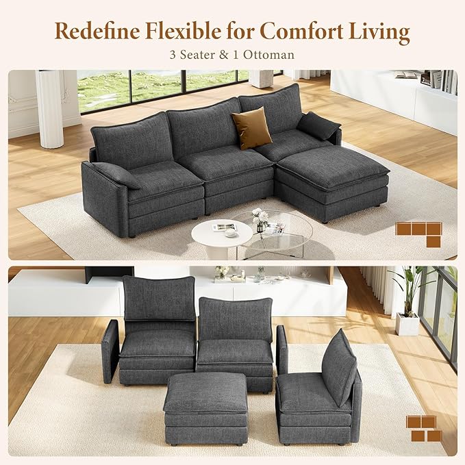 Vesgantti 108" Modular Sectional Sofa, Comfy Cloud Couch with Movable Ottoman Deep Seat Chenille L Shaped Modular Sofa, Sectional Couches for Living Room, Bedroom and Apartment, Gray