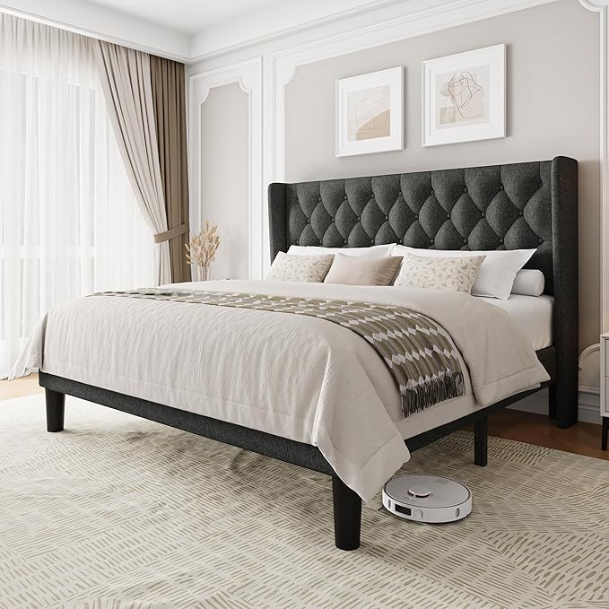 King Size Upholstered Bed Frame with Wingback Headboard, Fabric Linen Platform Bed, 8" Under Bed Storage, Wooden and Metal Slats Support, No Box Spring Needed, Noise Free, Dark Grey